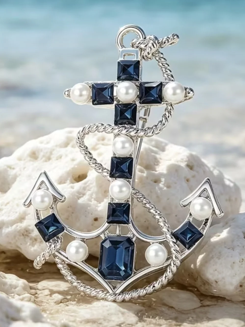 Navy Blue Faux Pearl Anchor Brooch